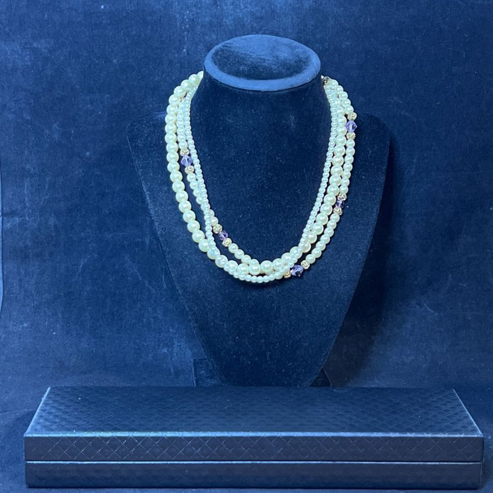 Vintage 1928 Triple Strand Gold Tone, Pearl And Purple Bead Necklace (4111)